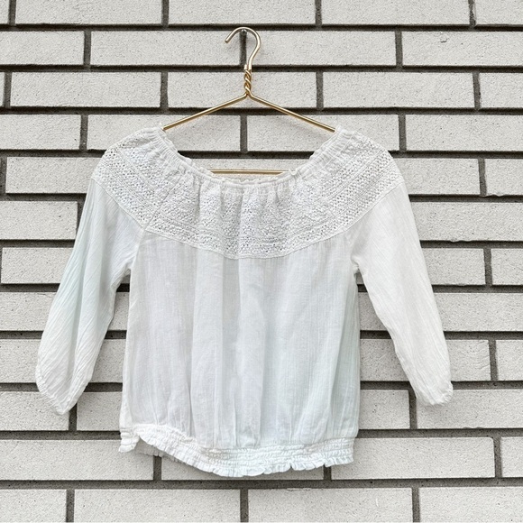 Aerie Off Shoulder Ivory Crochet Boho Peasant Top Smocked Waist 3/4 Sleeve XS - Picture 2 of 11